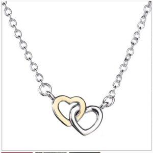 Real Pandora 10k Solid Gold & 925 Silver Double Heart Ring Pendant Chain Engagem